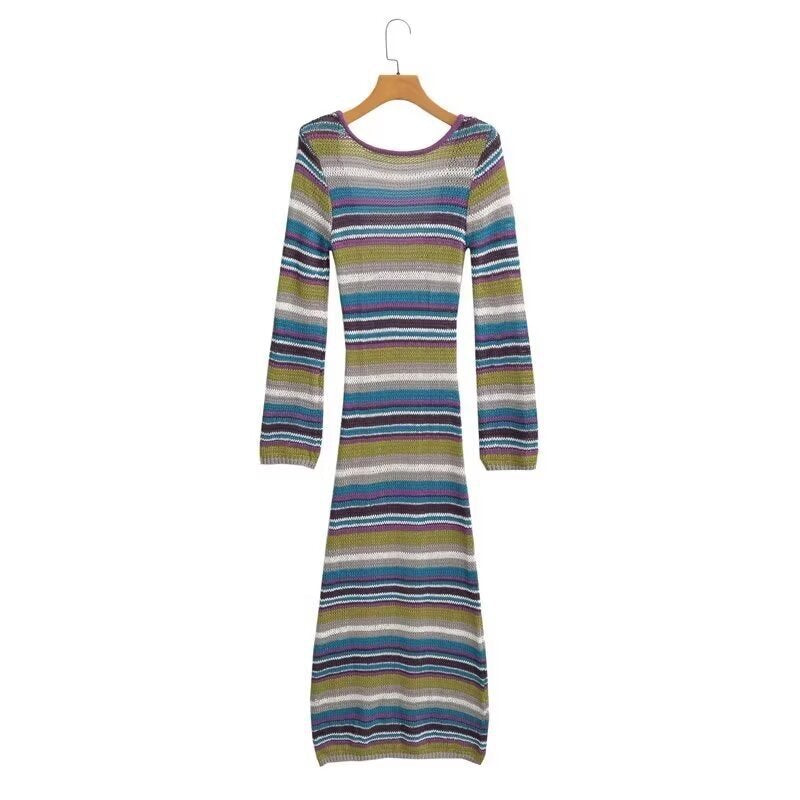 Women's Striped Ribbed Maxi Dress with Round Neckline and Figure-Hugging Silhouette Mune Fashion