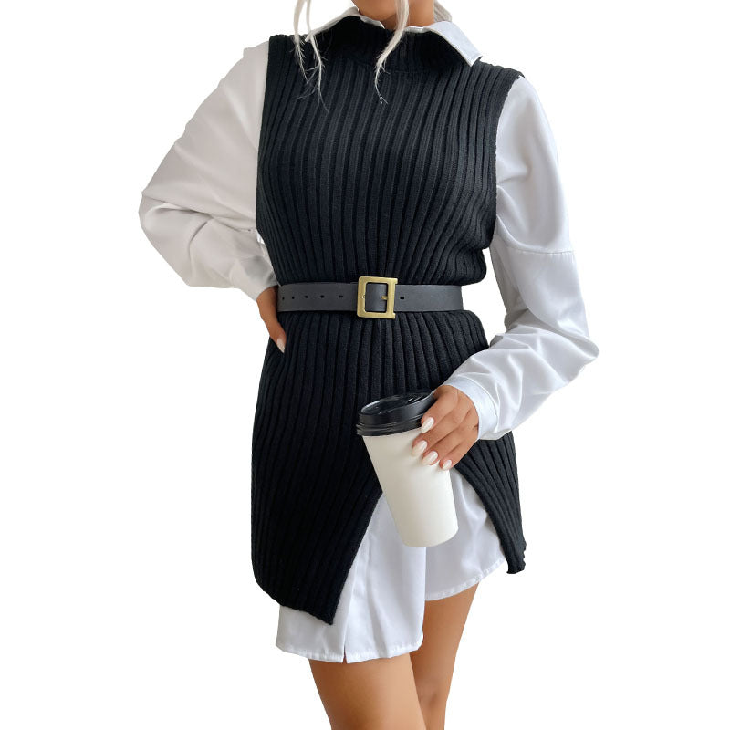 Women's Ribbed Knit Tunic with Stand-up Collar, Side Slits and Fitted Silhouette Mune Fashion