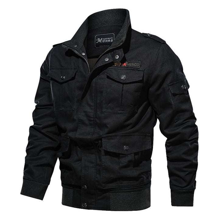 Men's rugged field jacket with multiple pockets, quilted inner lining, and ribbed cuffs.