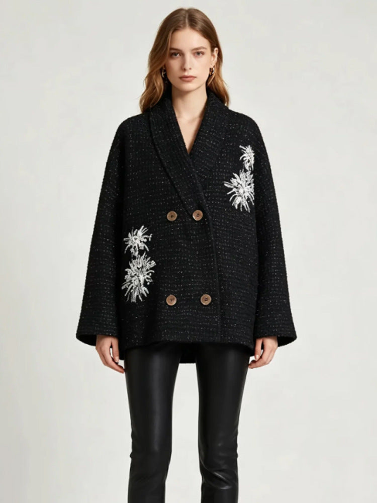 Women's Oversized Boucle Coat Jacket with Shawl Collar and Floral Embroidery Mune Fashion