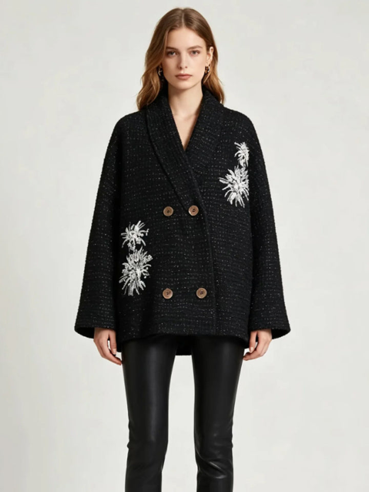Women's Oversized Boucle Coat Jacket with Shawl Collar and Floral Embroidery Mune Fashion