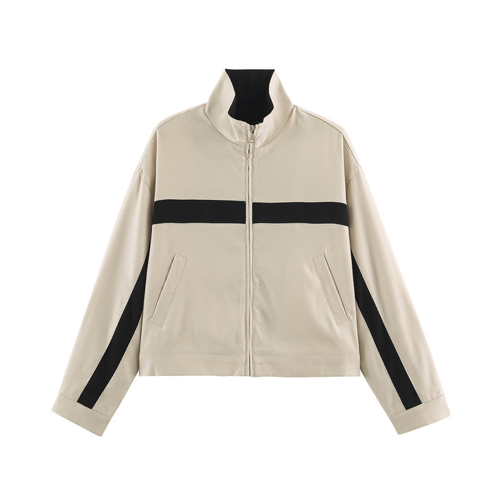 Unisex Short Cut Track Jacket with Stand-Up Collar, Contrast Stripes and Zipper Mune Fashion