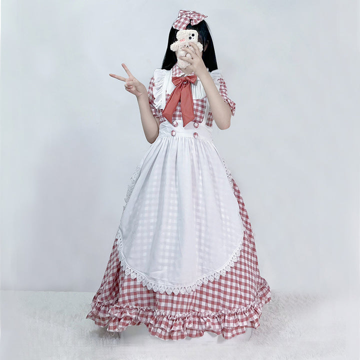 Women's Nano Vintage-Inspired Lolita Dress with Checkered Pattern Ruffles and Removable Apron Mune Fashion