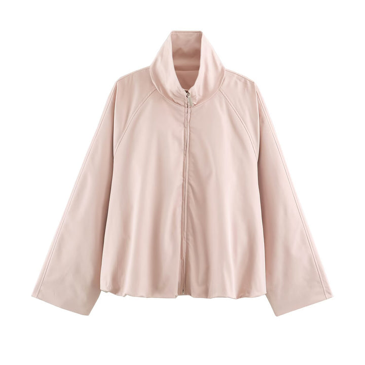 Women's Boxy Short Blouson with High Stand-Up Collar and Zipper Drune