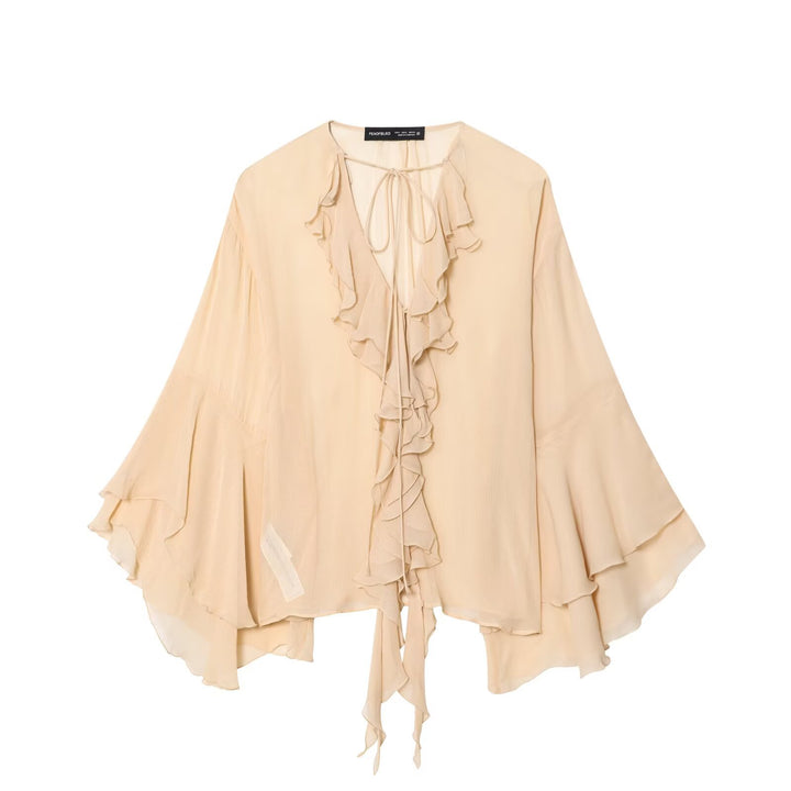 Women's Flowing Chiffon Ruffle Tunic with Flounce Sleeves and Tie Band