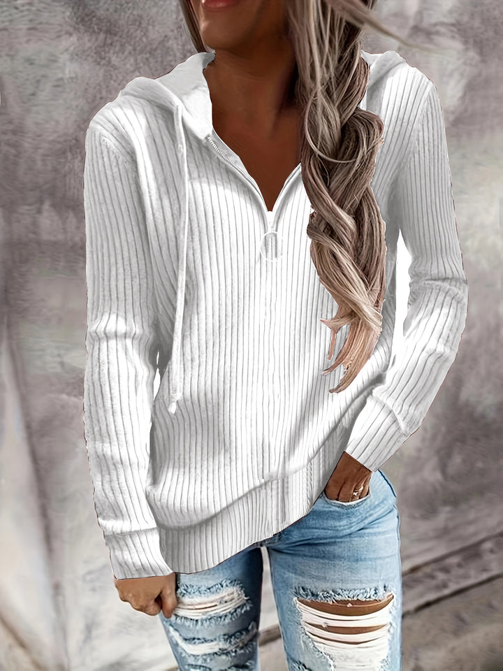 Women's Casual Ribbed Knit Hoodie with Half-Zip and Ring Zipper Drune
