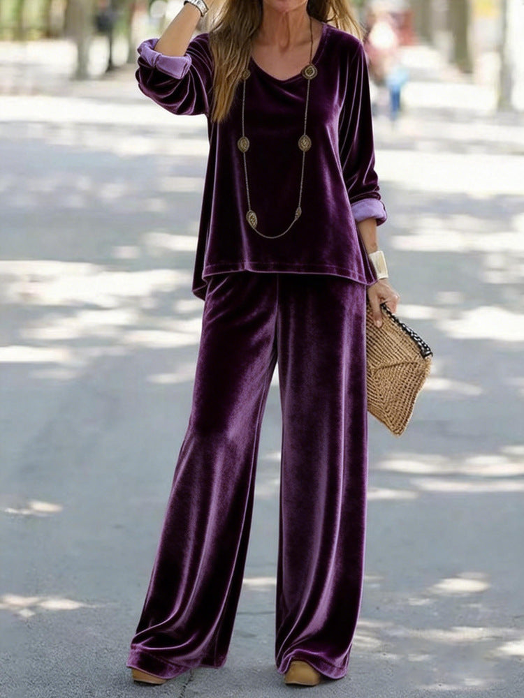 Women's Elegant Velvet Two-Piece Lounge Set with V-Neck and Wide Leg