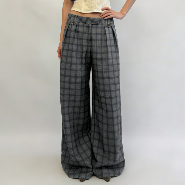 Women's Wide Checked High-Waist Culotte Pants with Pleats Mune Fashion