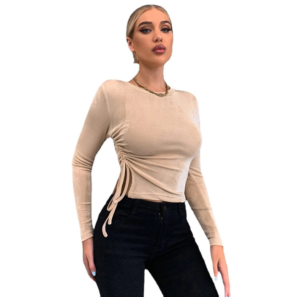 Ladies' figure-hugging long sleeve top with side gathering, drawstring and flattering sculpting fit Mune Fashion