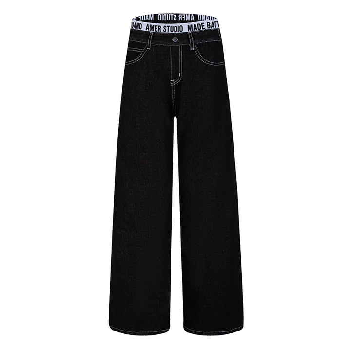 Women Wide High-Waist Denim Pants with Logo Elastic Waistband and Palazzo Silhouette Mune Fashion