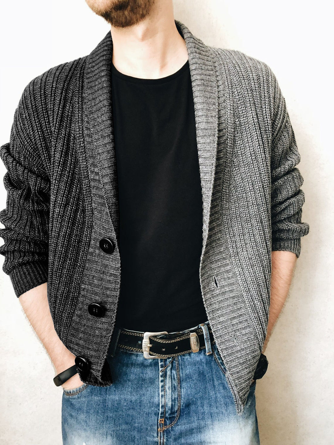 Men's chunky knit cardigan with shawl collar, ribbed texture and distinctive buttons Mune Fashion