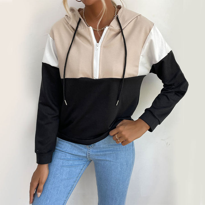 Women's hooded pullover with half zipper, color block design and drawstring Mune Fashion
