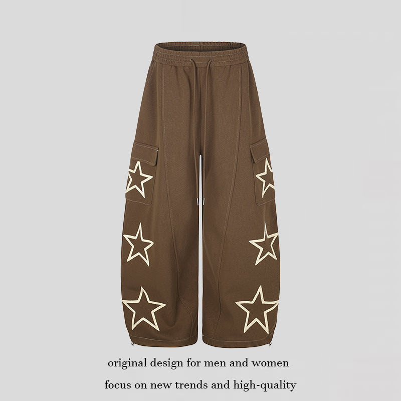 Women’s Wide Cargo Sweatpants with Star Appliqués and Drawstring Waist Mune Fashion