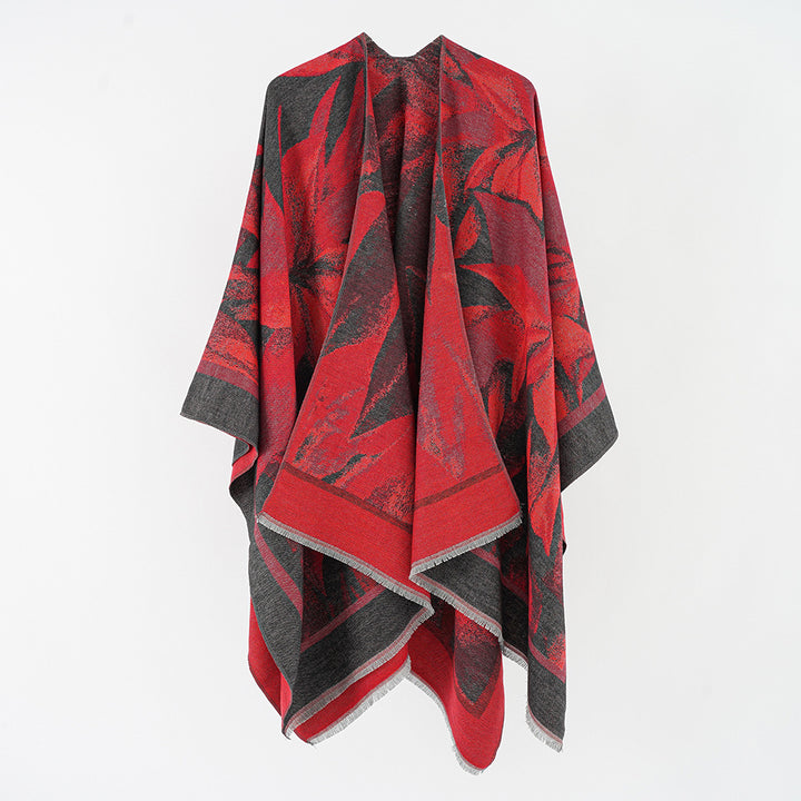 Women's jacquard wrap poncho with floral-abstract woven texture and softly falling oversized cape Mune Fashion