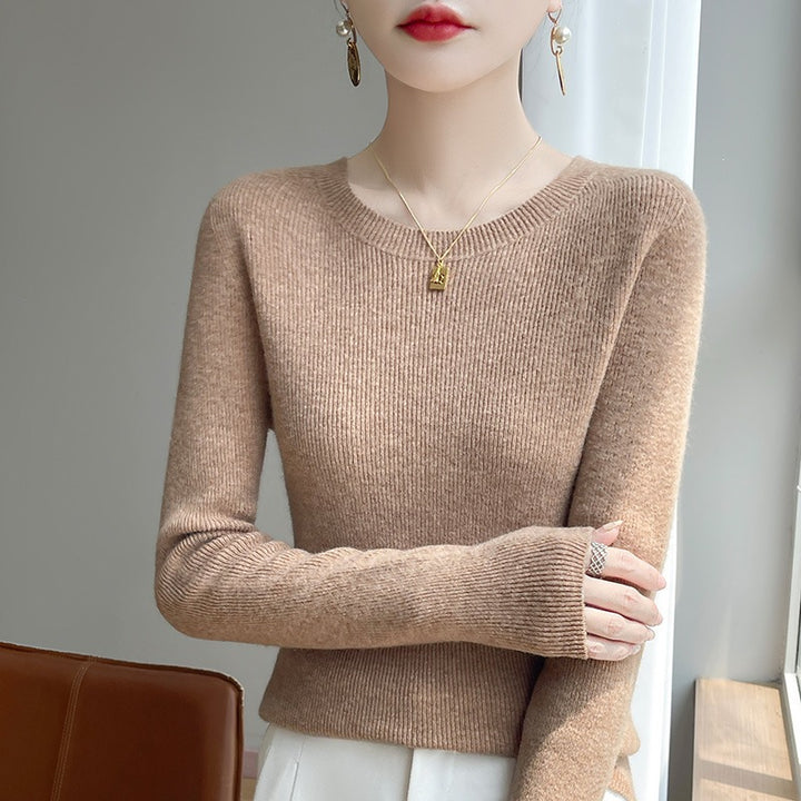 Women's Tailored Round Neck Sweater in Fine Ribbed Cashmere Look Mune Fashion