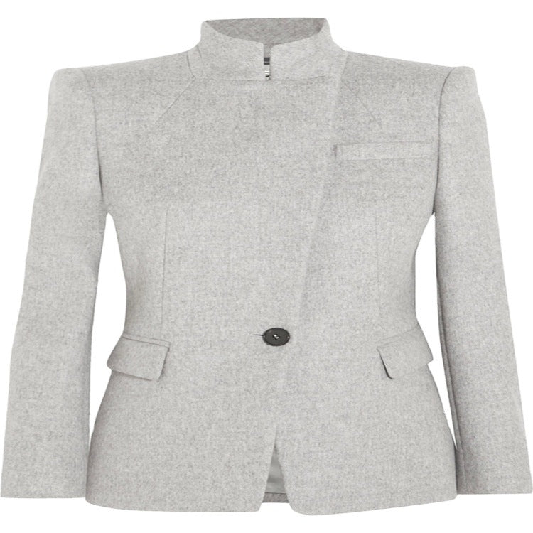 Women Tailored Wool Blend Blazer with Stand Collar, Structured Shoulder and Flap Pockets Mune Fashion