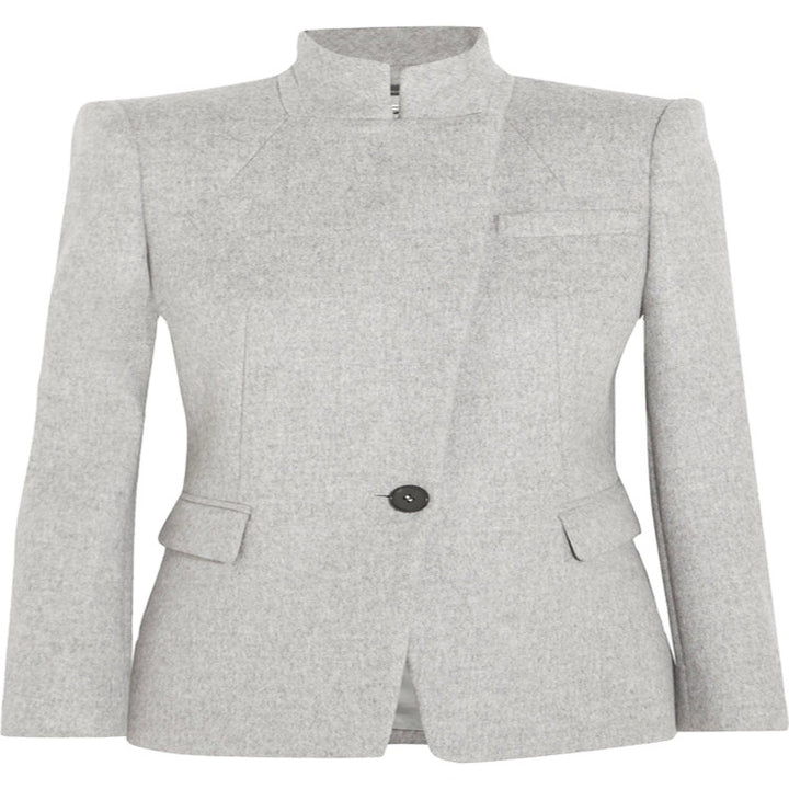 Women Tailored Wool Blend Blazer with Stand Collar, Structured Shoulder and Flap Pockets Mune Fashion