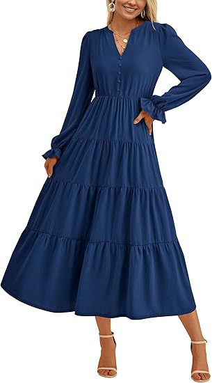 Women's Tiered Midi Dress with V-Neck, Gathered Waist Seam and Ruffle Cuffs Mune Fashion