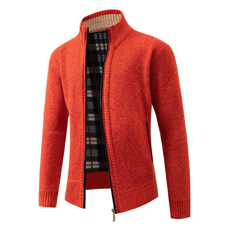 Men's Structured Zip Cardigan with Check Fleece Lining and Stand-Up Collar Mune Fashion
