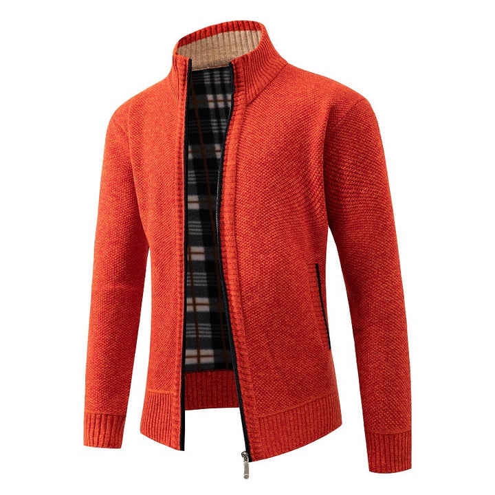 Men's Structured Zip Cardigan with Check Fleece Lining and Stand-Up Collar Mune Fashion
