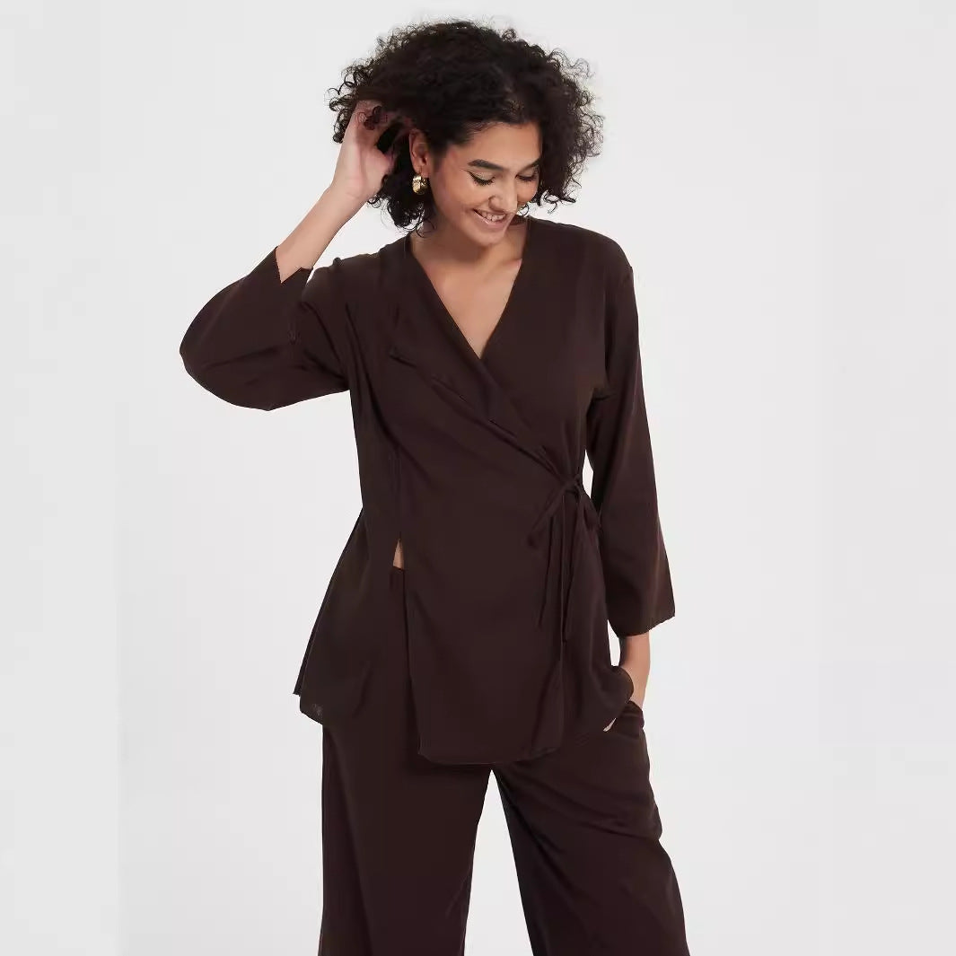 Women's two-piece wrap set made of flowing viscose blend with wide palazzo pants leg Mune Fashion