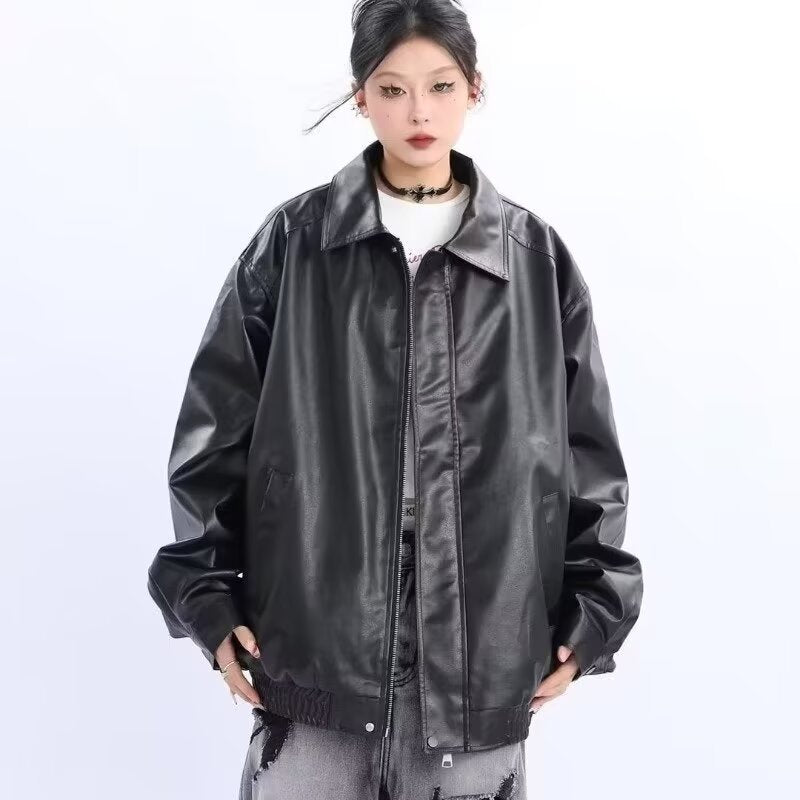 Women's Oversized Faux Leather Blouson with Elastic Hem and Shirt Collar Mune Fashion