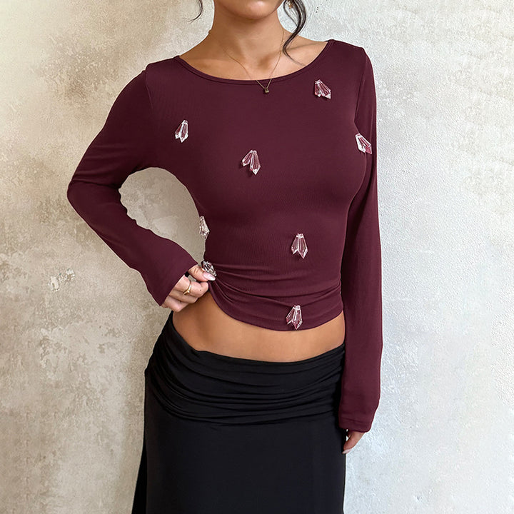 Women's Fitted Long Sleeve Shirt with Crystal Applications Mune Fashion