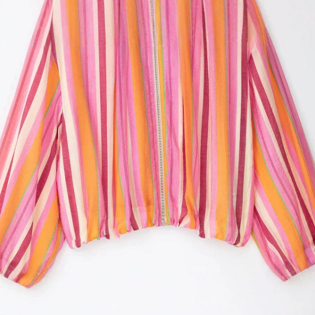 Women's Lightweight Striped Cropped Bomber Style Blouson Jacket with Stand Collar, Zipper and Balloon Sleeves Mune Fashion