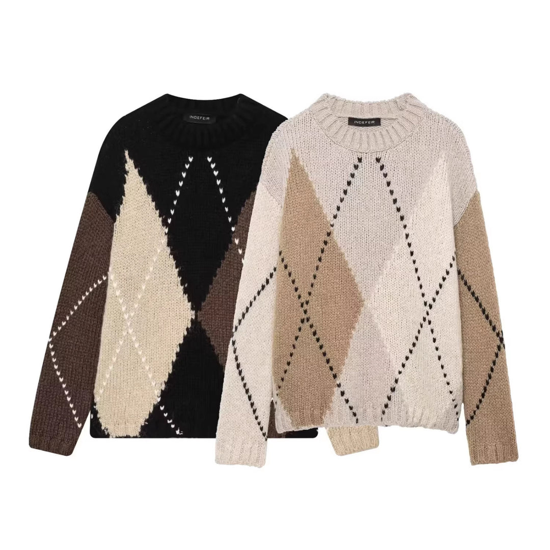 Women Chunky Knit Argyle Sweater with Oversized Cut and Ribbed Collar Mune Fashion