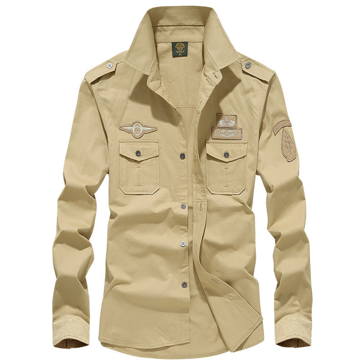 Men's military-inspired long-sleeve utility shirt with shoulder epaulettes, patch breast pockets, and badge Mune Fashion