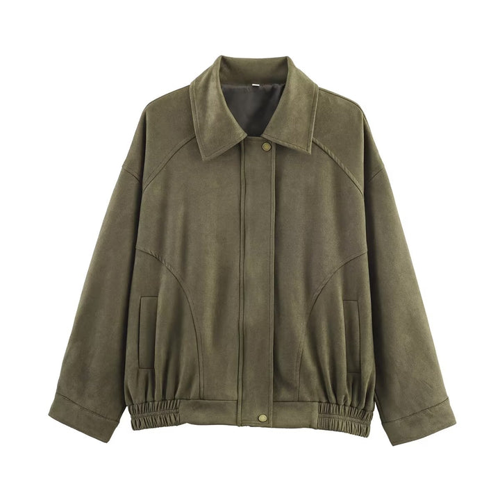 Women's oversized velvet bomber jacket with shirt collar, concealed snap button placket and elastic hem Mune Fashion