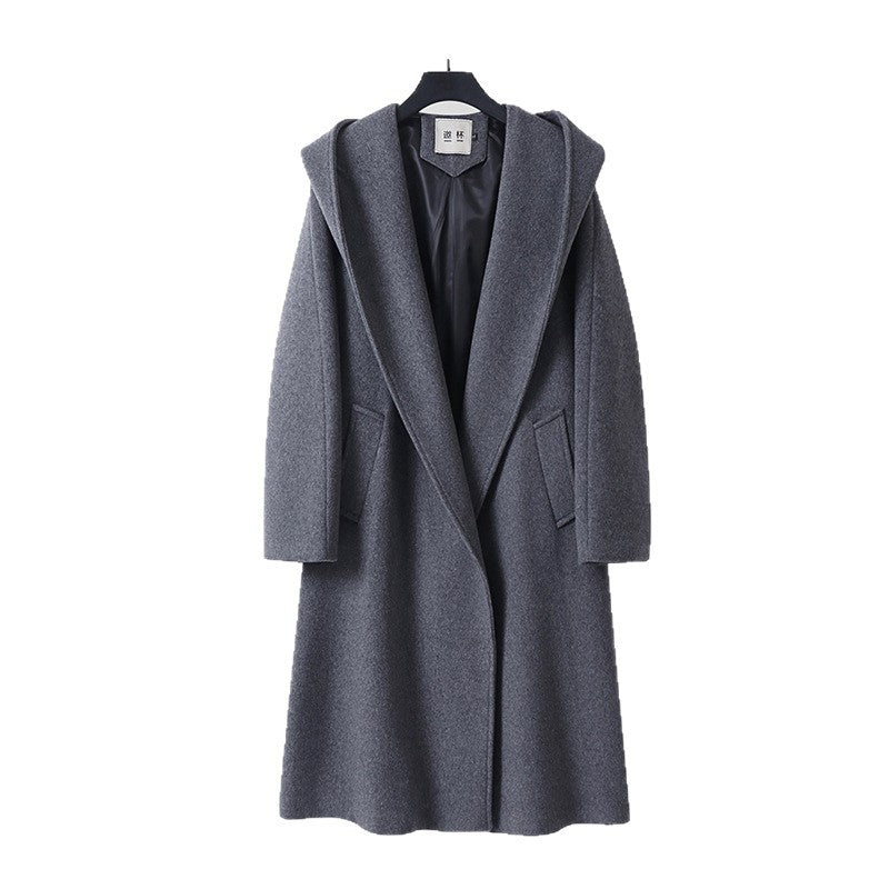 Women's Maxi Length Hooded Coat made of Wool Blend with Tying Belt and Soft Lining Mune Fashion