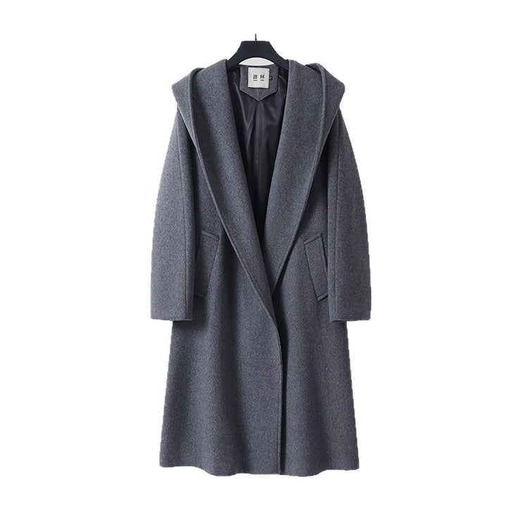 Women's Maxi Length Hooded Coat made of Wool Blend with Tying Belt and Soft Lining Mune Fashion