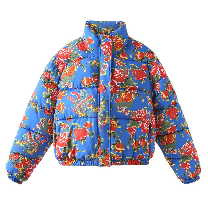 Women's Quilted Padded Short Jacket with Floral Allover Print and Stand-Up Collar Mune Fashion