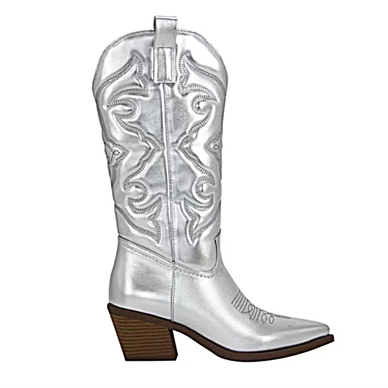 Ladies nan metallic western boots with mid-high shaft decorative embroidery and side zipper Mune Fashion