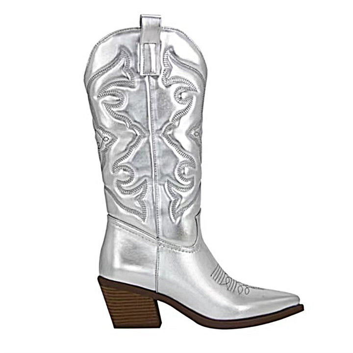 Ladies nan metallic western boots with mid-high shaft decorative embroidery and side zipper Mune Fashion