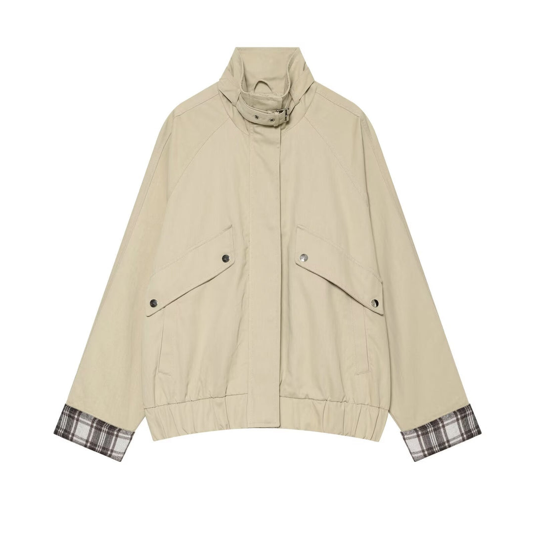 Women Short Boxy Field Jacket with High Funnel Collar and Checked Sleeve Cuffs Mune Fashion
