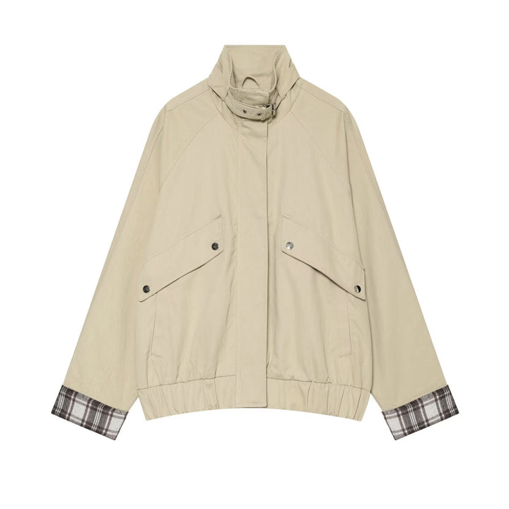 Women Short Boxy Field Jacket with High Funnel Collar and Checked Sleeve Cuffs Mune Fashion