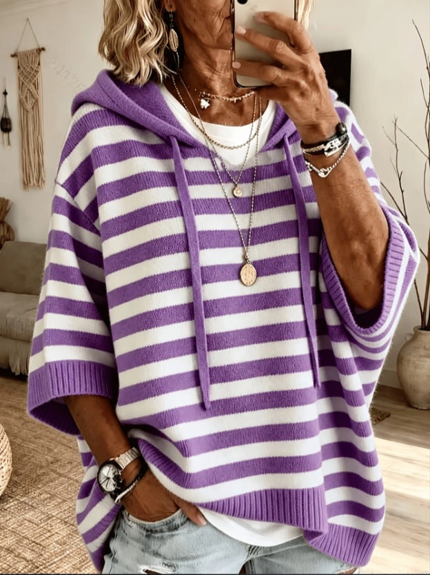 Women's oversized knit poncho with hood and short sleeves Mune Fashion