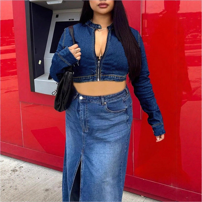 Women's Cropped Denim Hoodie with Zipper and High-Waist Midi Skirt with Front Slit Mune Fashion