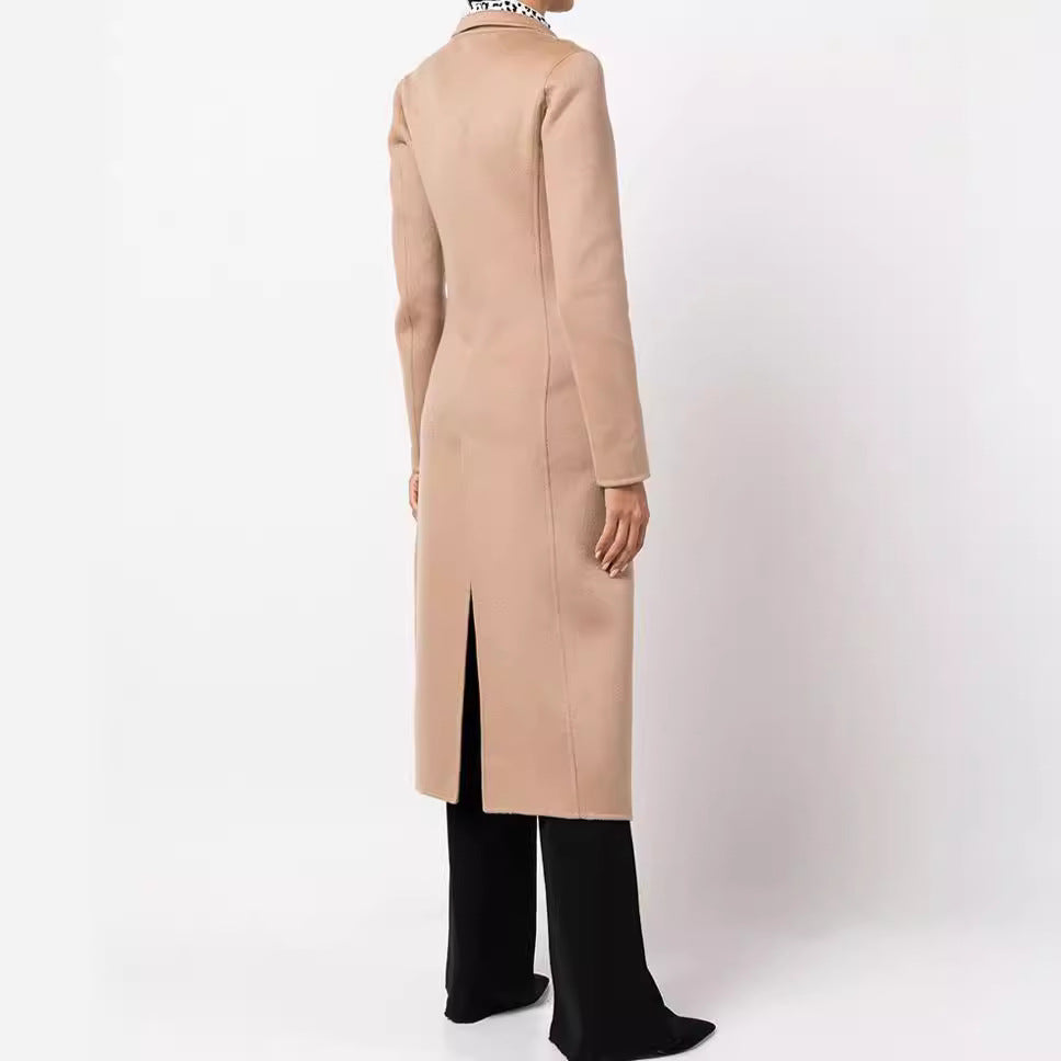 Women's Slim Maxi Length Coat in Clean-Cut with Double-Breasted Look and Decorative Metal Buttons Mune Fashion