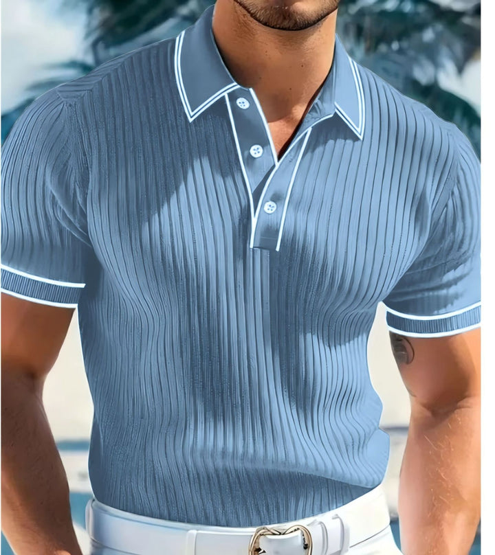 Men's fitted short-sleeve polo with Kent collar, short button placket, and fine vertical rib structure Mune Fashion
