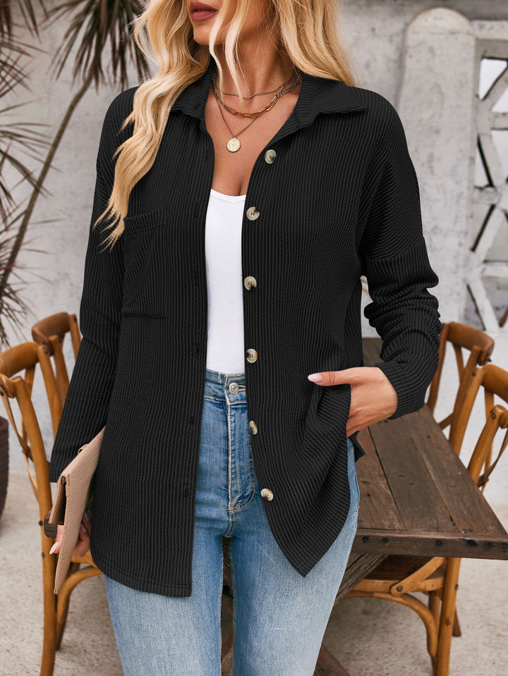 Women's Ribbed Oversized Shirt Jacket with Full Button Placket and Shirt Collar Mune Fashion
