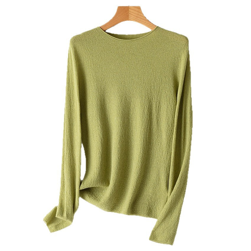 Women Lightweight Structured Long Sleeve Knit Sweater with Round Neck and Fine Crinkle Look Mune Fashion