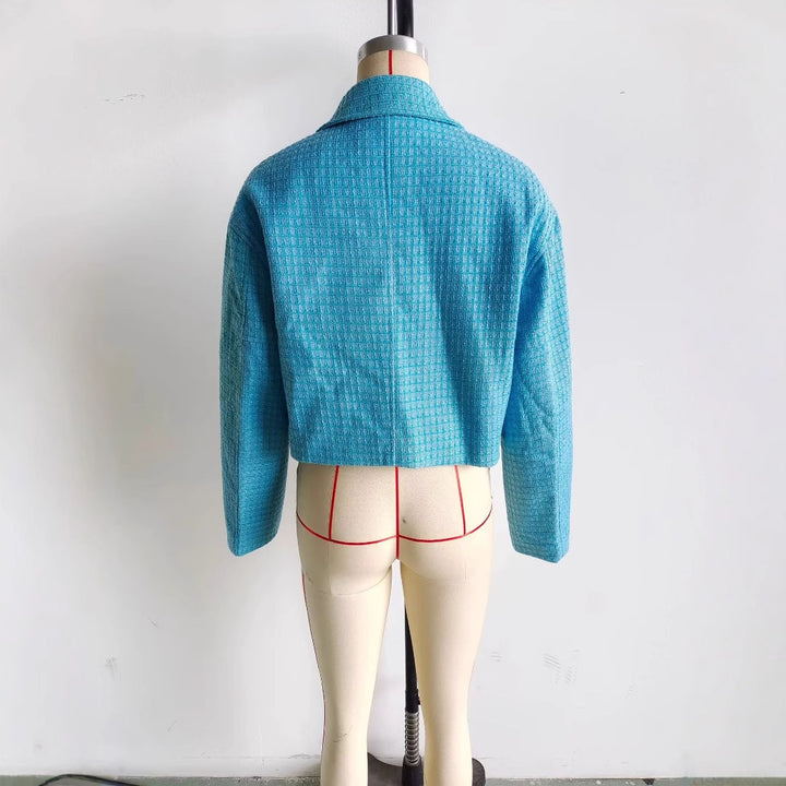 Women's cropped boxy tweed jacket with shirt collar, concealed zipper and piped pockets Mune Fashion