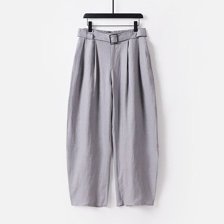Women High-waisted wide linen blend pants with pleats and fabric belt Mune Fashion