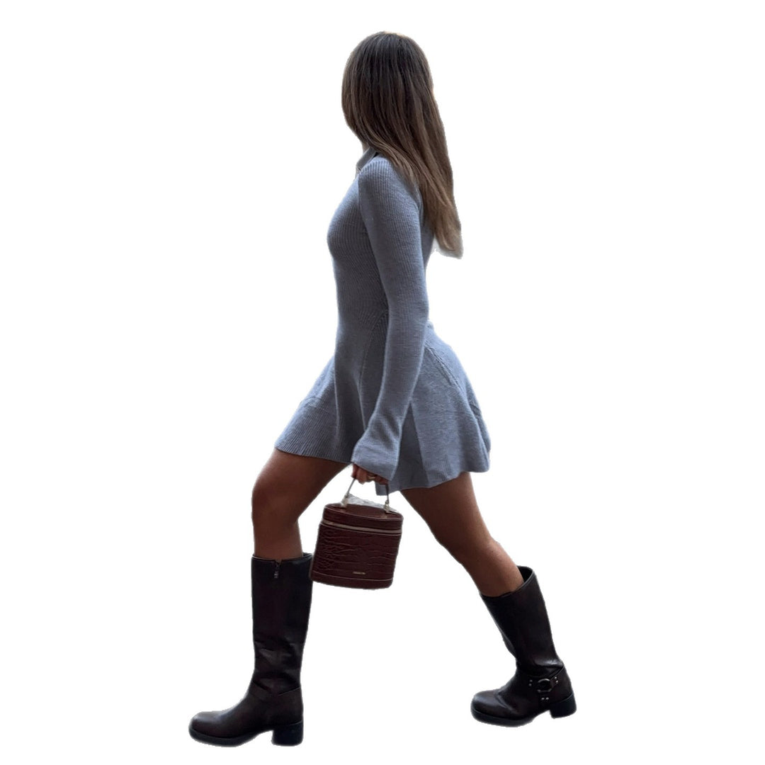 Ladies knitted polo dress with tailored bodice and flared ruffled skirt Mune Fashion