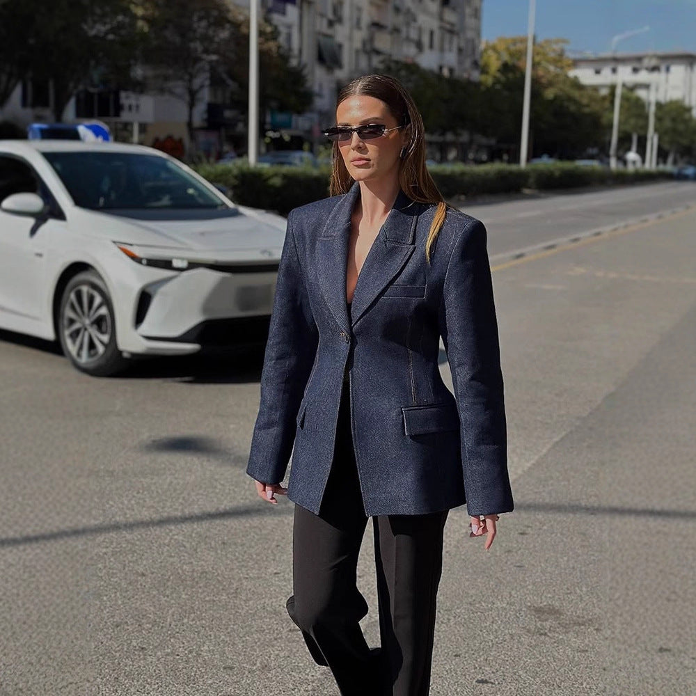 Women tailored jeans blazer with curved lapel Mune Fashion