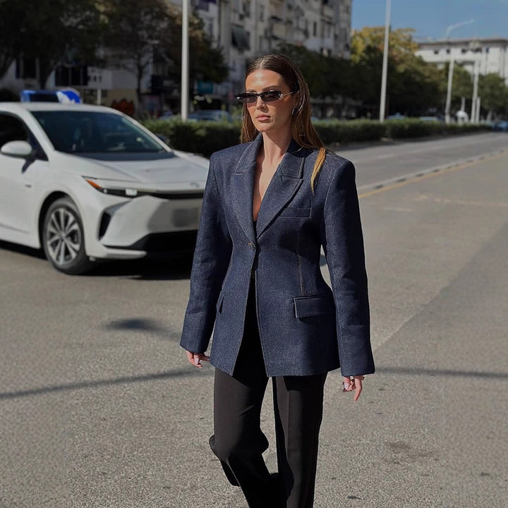 Women tailored jeans blazer with curved lapel Mune Fashion