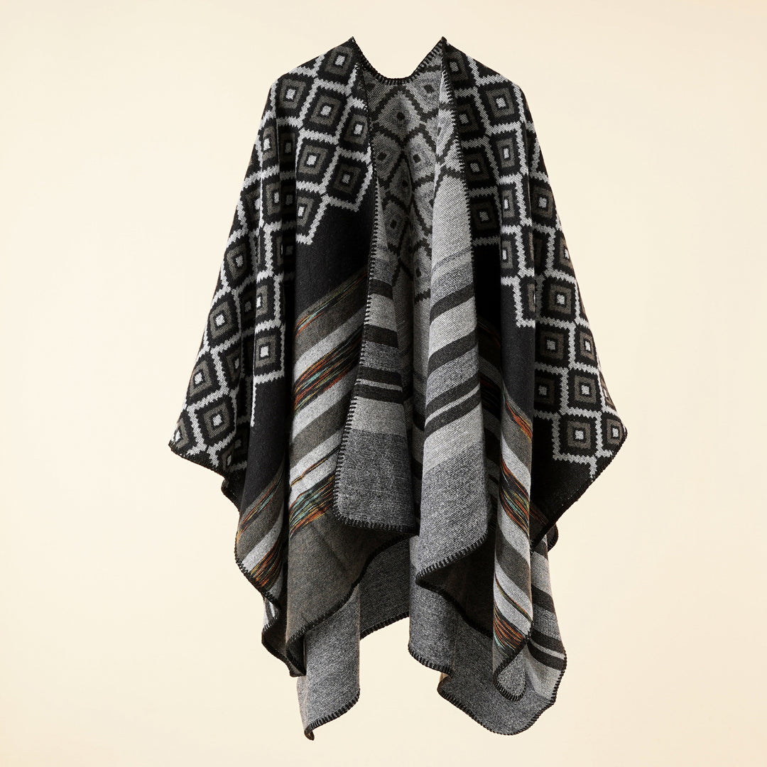 Women's Jacquard Throw with Geometric Square Pattern and Open Front Mune Fashion